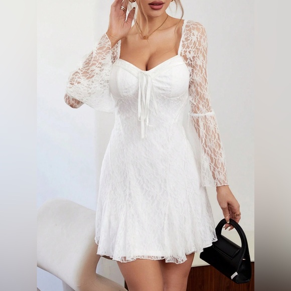 5 for $25 🤍SHEIN Privé Sweetheart Neck Knot Front Flounce Sleeve Lace Dress - Picture 4 of 7